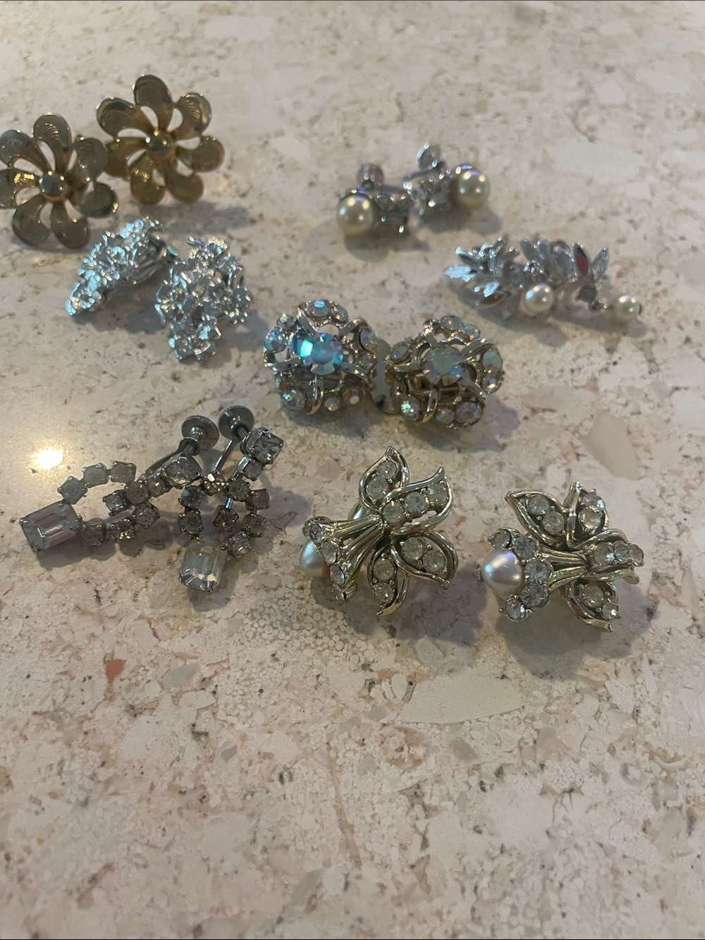 Vintage-Inspired Silver Floral Clip-On Earrings Set with Pearls